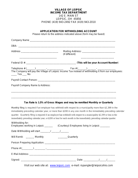 First page of the Application for Withholding Account