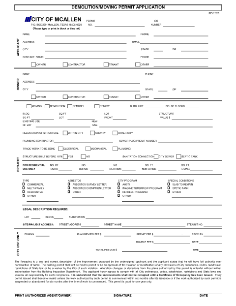 First page of the Demolition/Move Permit Application