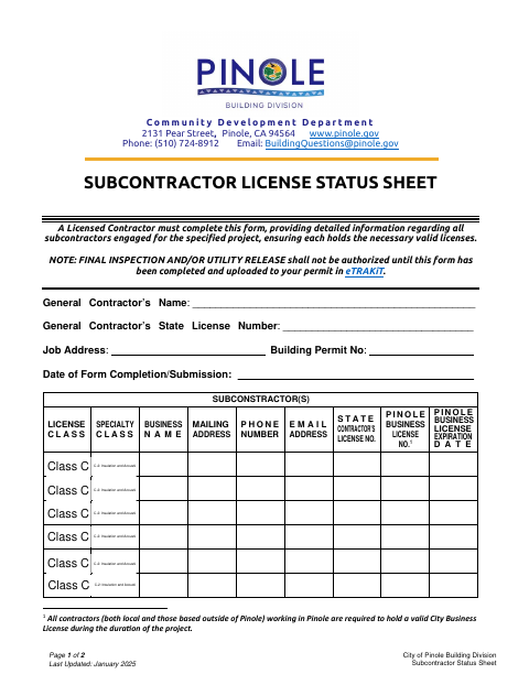 First page of the Subcontractor License Status Sheet