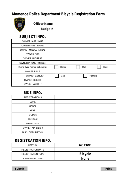 First page of the Bicycle Registration Form
