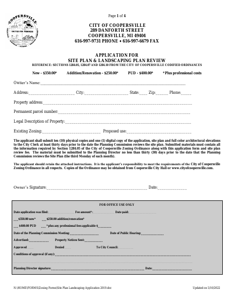 First page of the Application for Site Plan and Landscaping Plan Review
