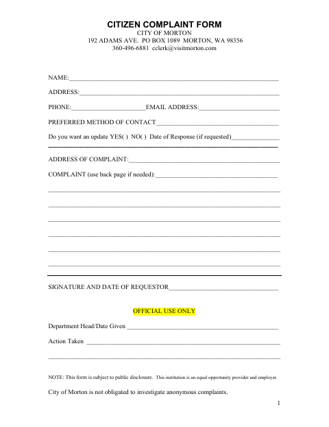 First page of the Citizen Complaint Form