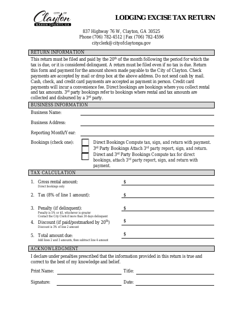 First page of the Lodging Excise Tax Return