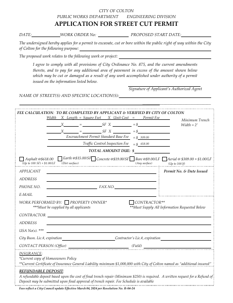 First page of the Application for Street Cut Permit
