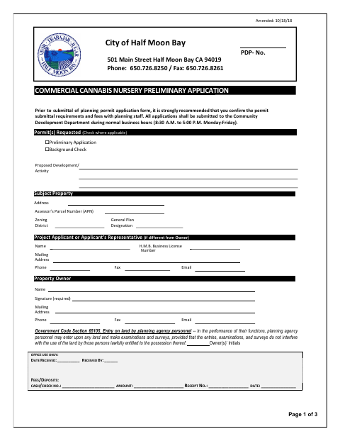 First page of the Commercial Cannabis Nursery Preliminary Application