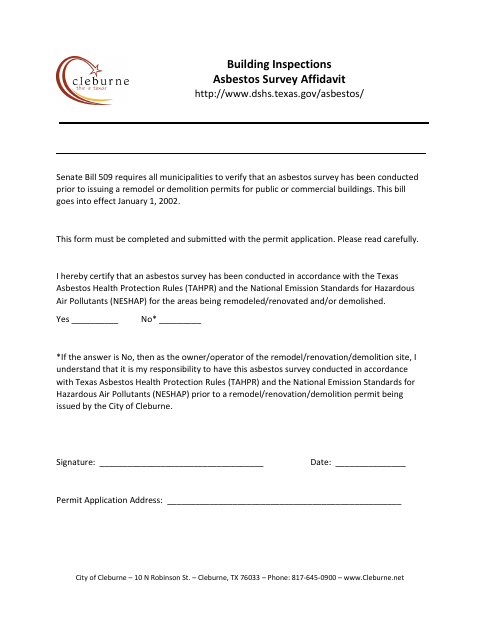 First page of the Asbestos Survey Affidavit