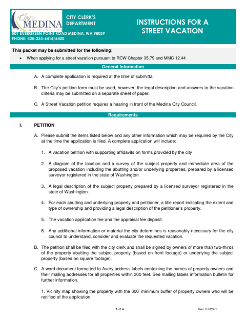 First page of the Street Vacation Petition