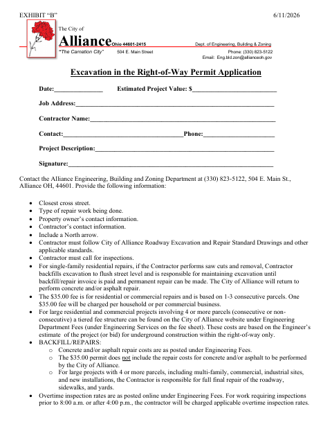 First page of the Excavation in the Right-of-Way Permit Application