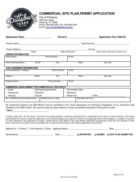 First page of the Commercial Site Plan Permit Application