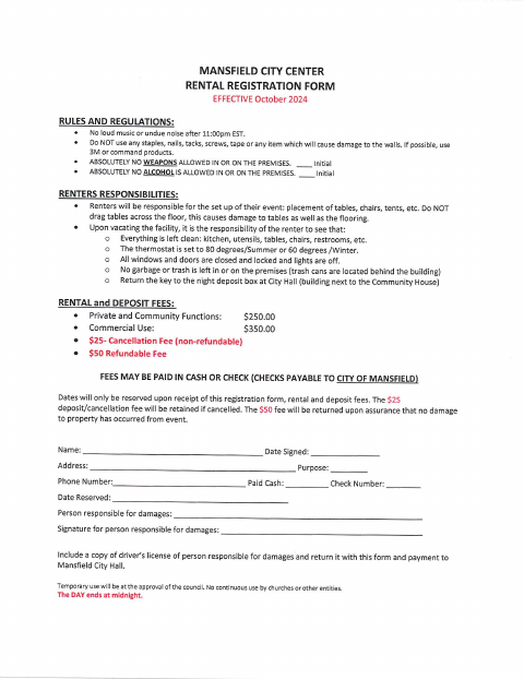 First page of the City Center Rental Registration Form