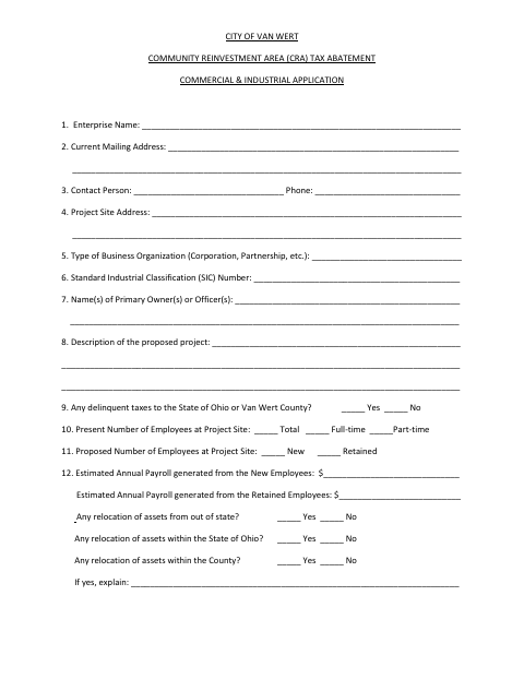 First page of the CRA Tax Abatement Commercial & Industrial Application