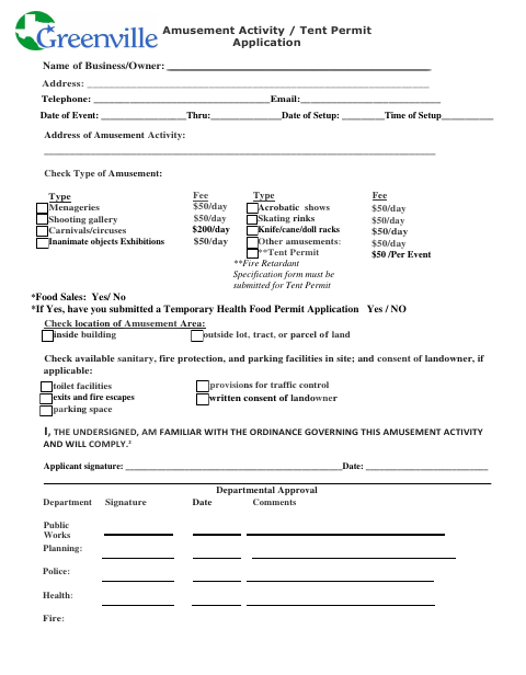 First page of the Amusement Activity / Tent Permit Application