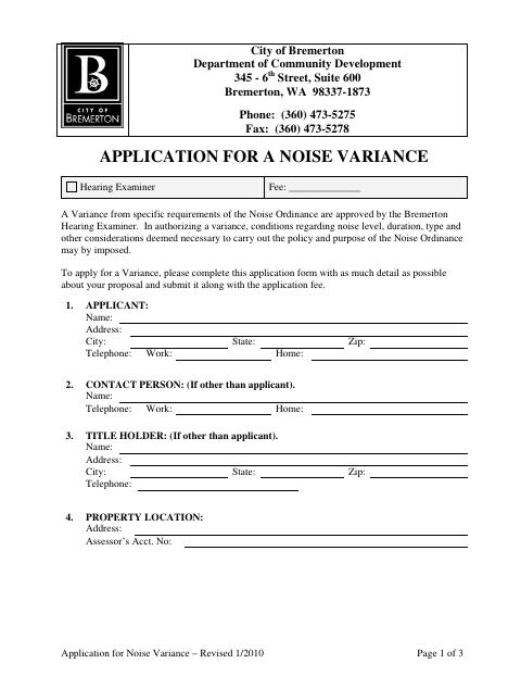 First page of the Application for a Noise Variance
