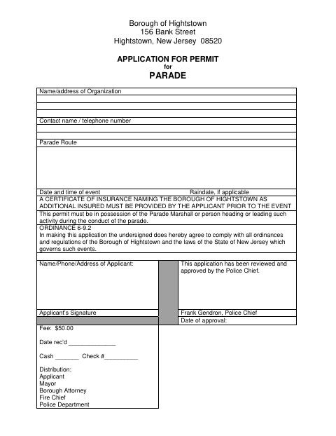 First page of the Application for Permit for Parade