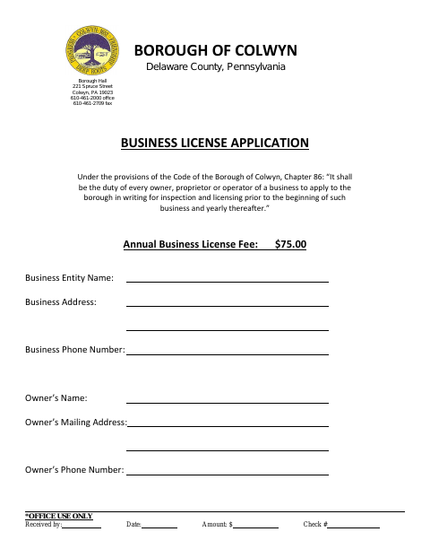 First page of the Business License Application