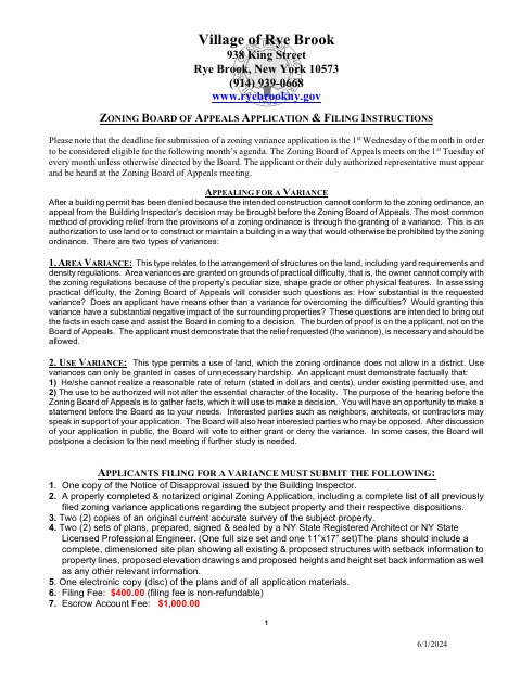 First page of the Zoning Board of Appeals Application