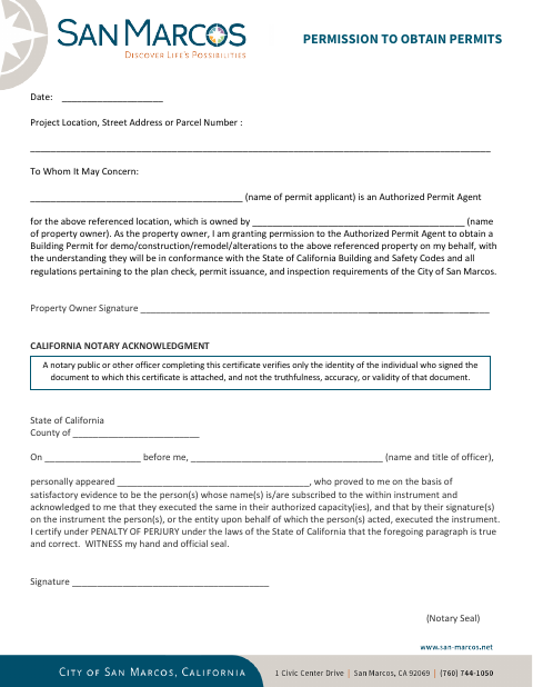 First page of the Permission To Obtain Permits