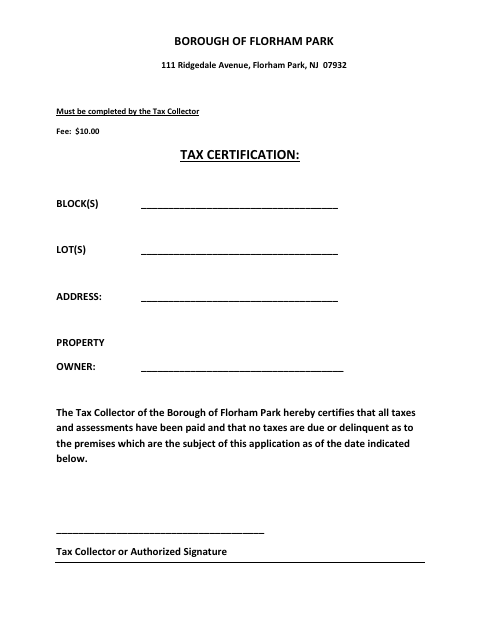 First page of the Tax Certification Form