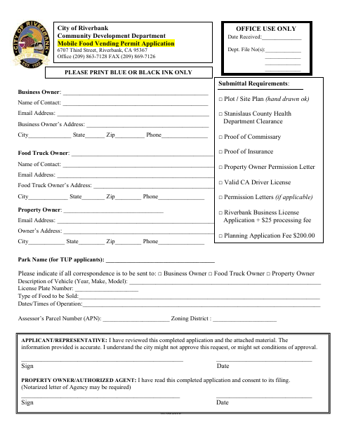 First page of the Mobile Food Vending Permit Application