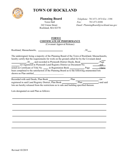 First page of the Certificate of Performance (Covenant Approval Release)