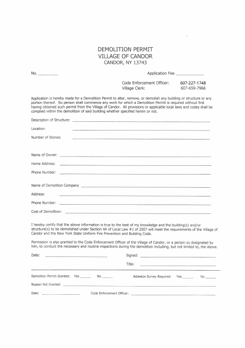 First page of the Demolition Permit Application