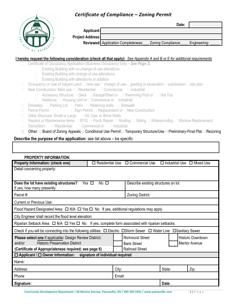 First page of the Certificate of Compliance – Zoning Permit Application