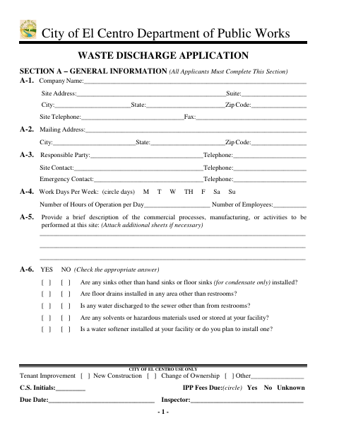 First page of the Waste Discharge Application