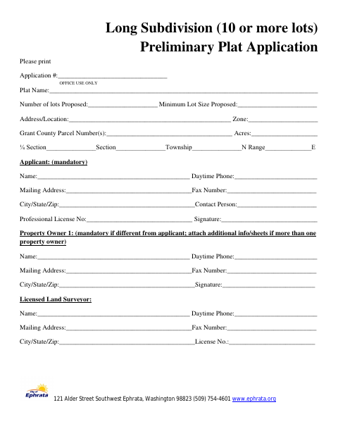 First page of the Long Subdivision Preliminary Plat Application