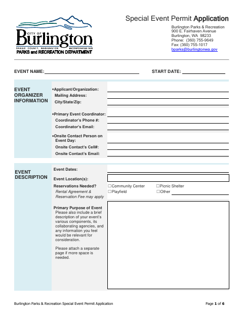 First page of the Special Event Permit Application