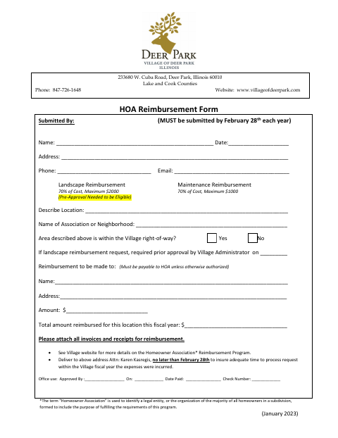 First page of the HOA Landscaping and Maintenance Reimbursement Form