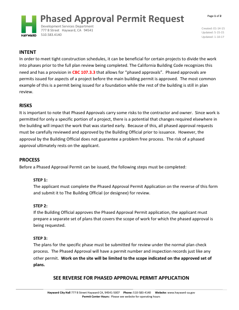 First page of the Phased Approval Permit Request