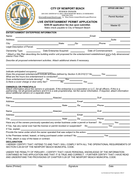 First page of the Live Entertainment Permit Application