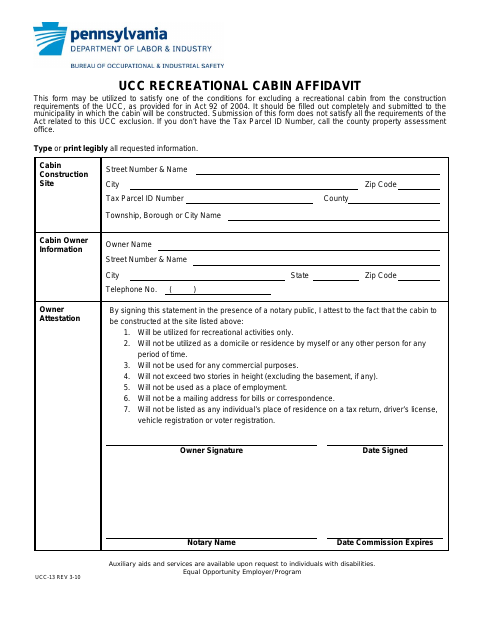 First page of the UCC Recreational Cabin Affidavit