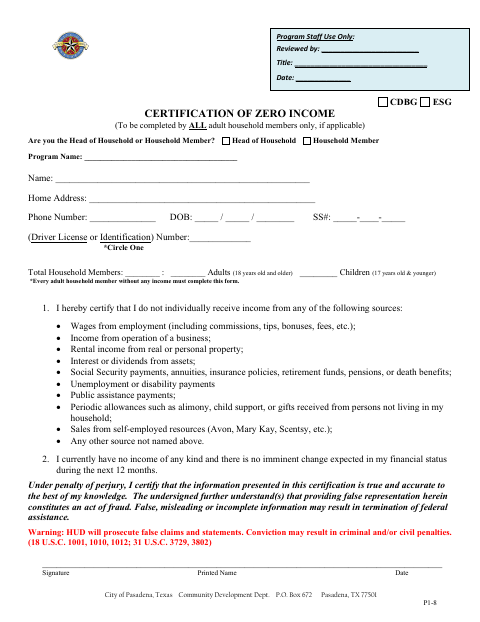 First page of the Certification of Zero Income