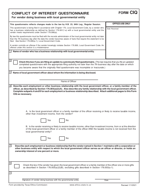 First page of the Conflict of Interest Questionnaire