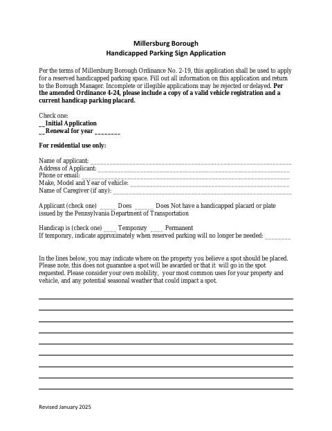 First page of the Handicapped Parking Sign Application