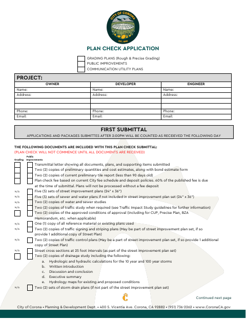 First page of the Plan Check Application – Grading & Public Improvement