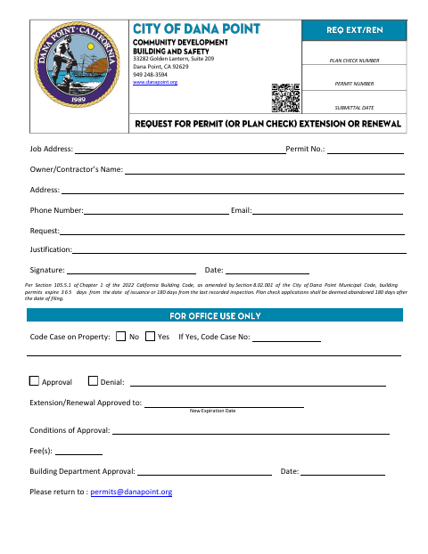 First page of the Request for Permit or Plan Check Extension or Renewal