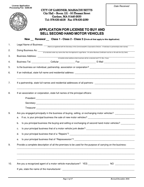 First page of the Motor Vehicle Dealer License Application