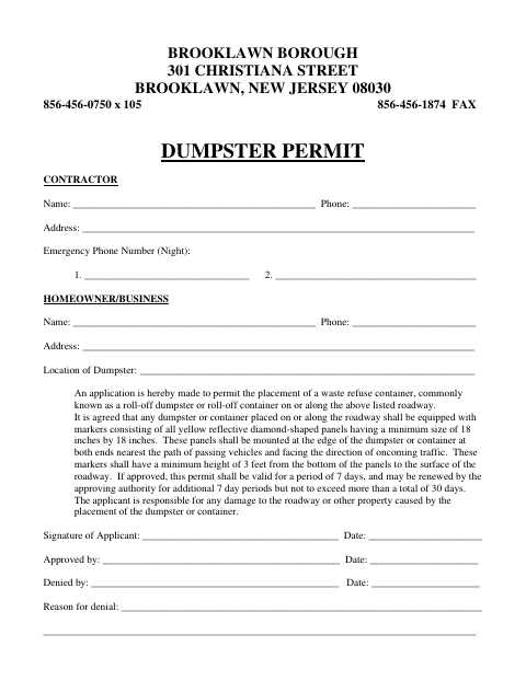 First page of the Dumpster Permit