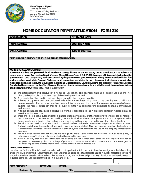 First page of the Home Occupation Permit Application