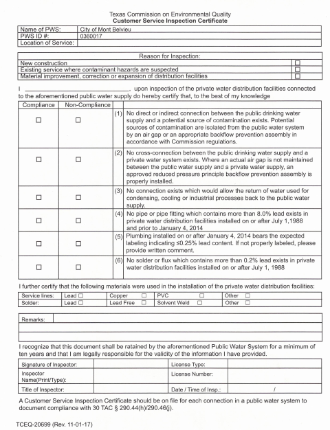 First page of the Customer Service Inspection Certificate