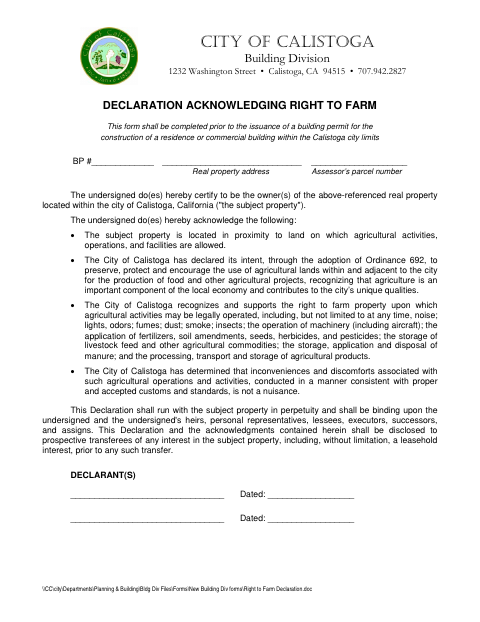 First page of the Declaration Acknowledging Right to Farm