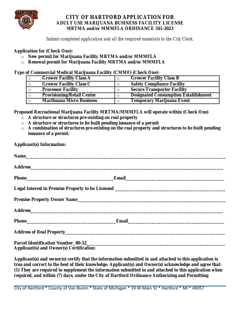 First page of the Application for Adult Use Marijuana Business Facility License