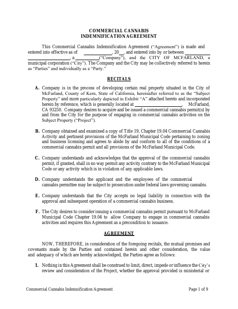 First page of the Commercial Cannabis Indemnification Agreement