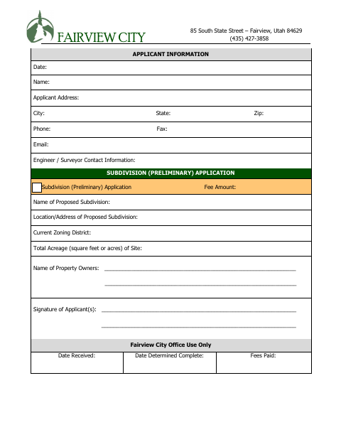 First page of the Preliminary Subdivision Application