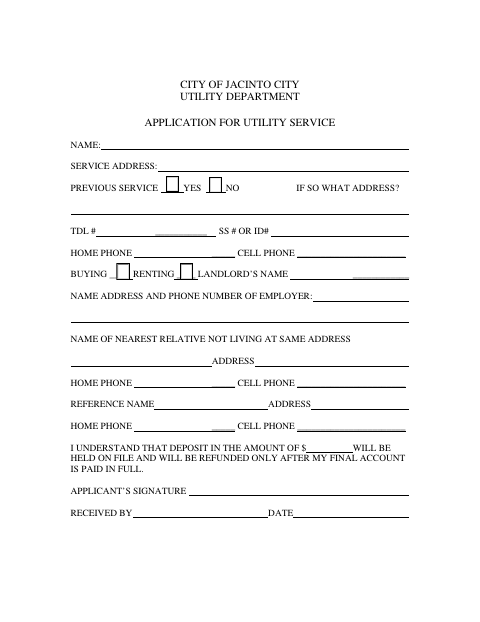 First page of the Application for Utility Service