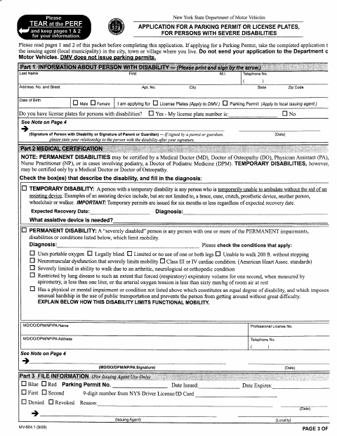 First page of the Application for a Parking Permit for Persons With Severe Disabilities