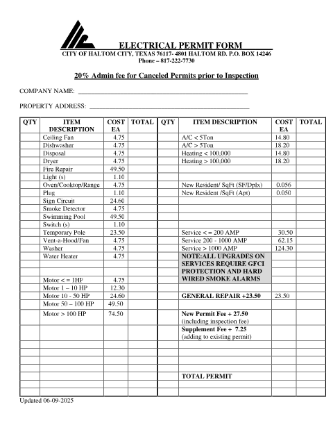 First page of the Electrical Permit
