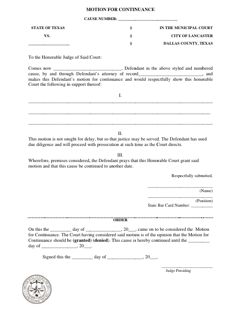 First page of the Motion for Continuance